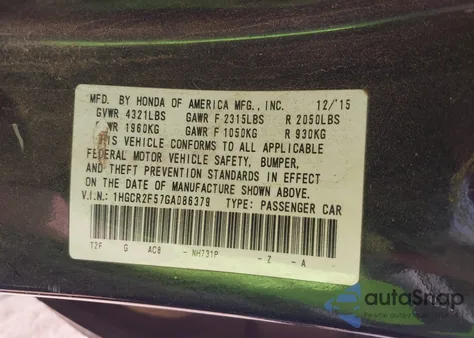 2016 Honda Accord Sport z USA, uszkodzony, nr VIN 1HGCR2F57GA086379